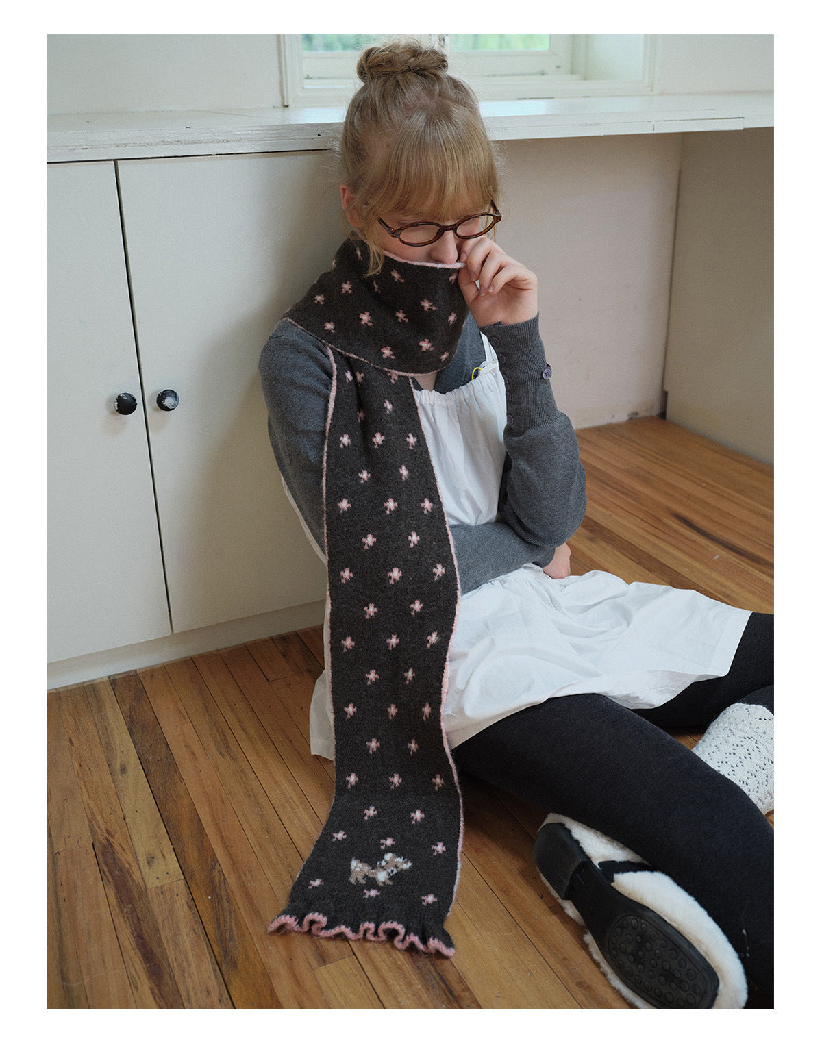 Andryka Women’s Knit Scarf – Star & Deer Pattern, Coffee, 67 x 6 in