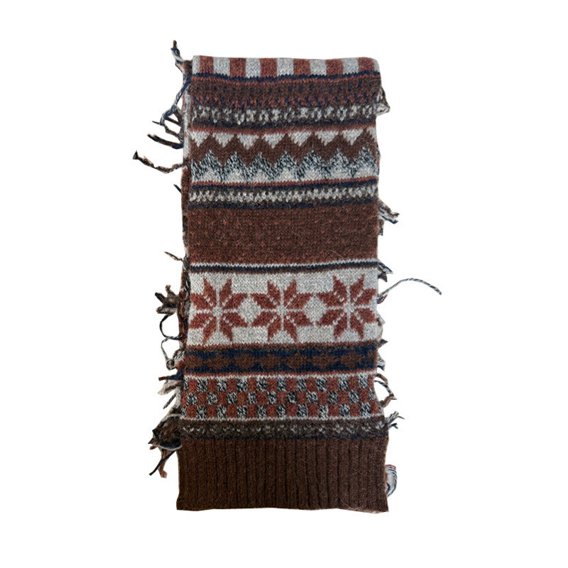 Andryka Women’s Wool Blend Knitted Scarf – Fair Isle Pattern, Brown, 75 x 7 in