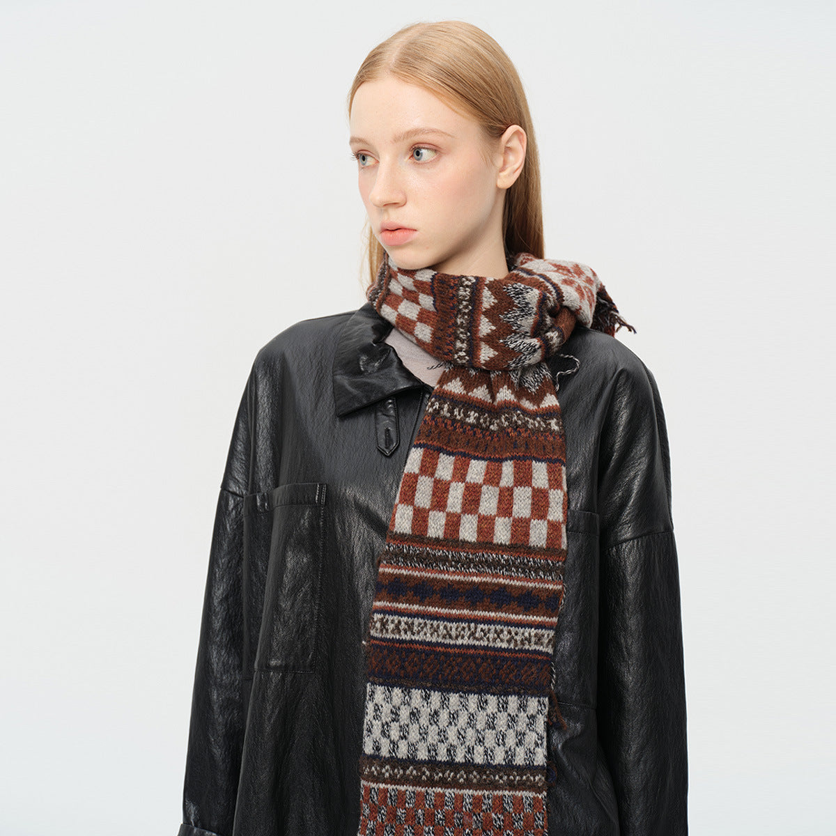 Andryka Women’s Wool Blend Knitted Scarf – Fair Isle Pattern, Brown, 75 x 7 in