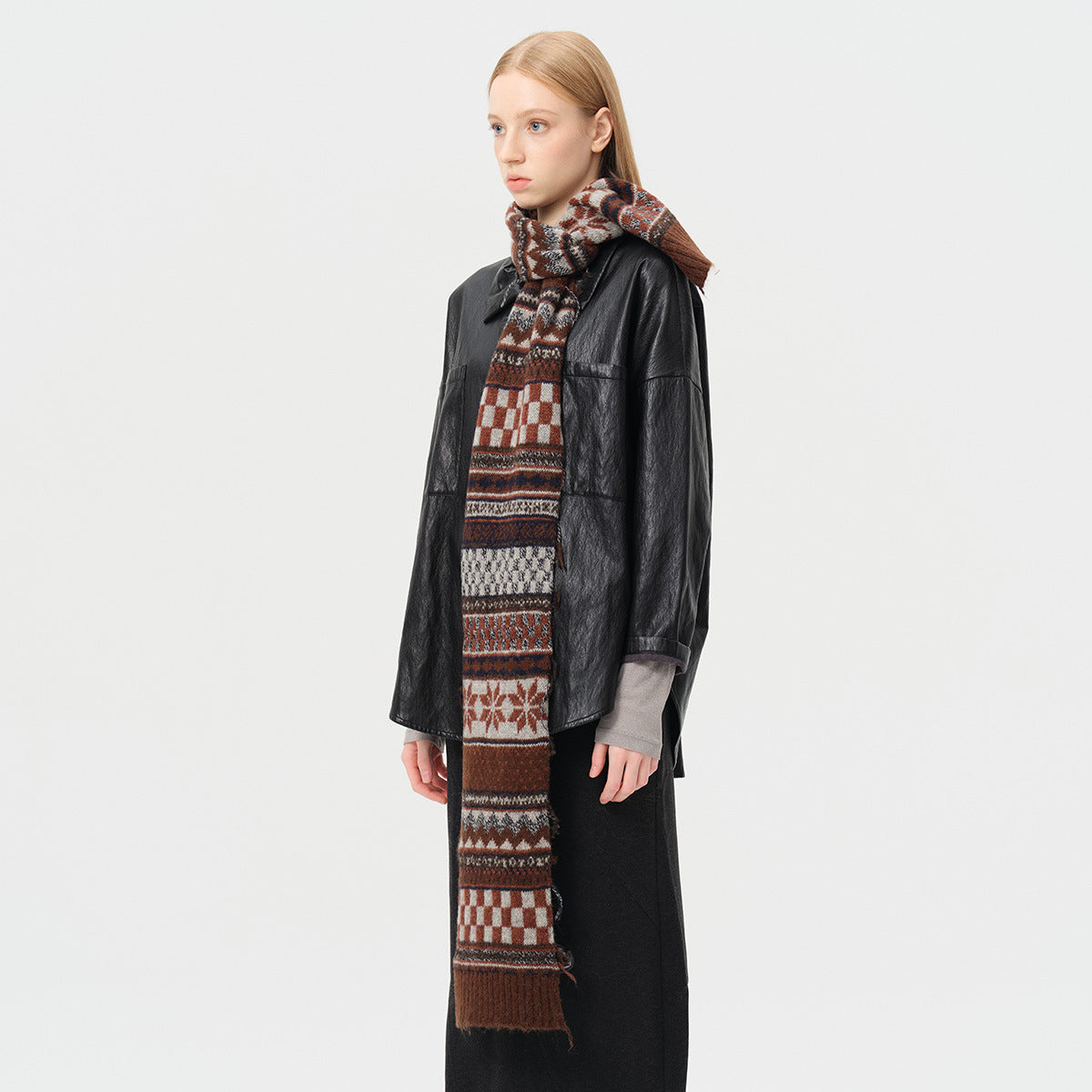 Andryka Women’s Wool Blend Knitted Scarf – Fair Isle Pattern, Brown, 75 x 7 in