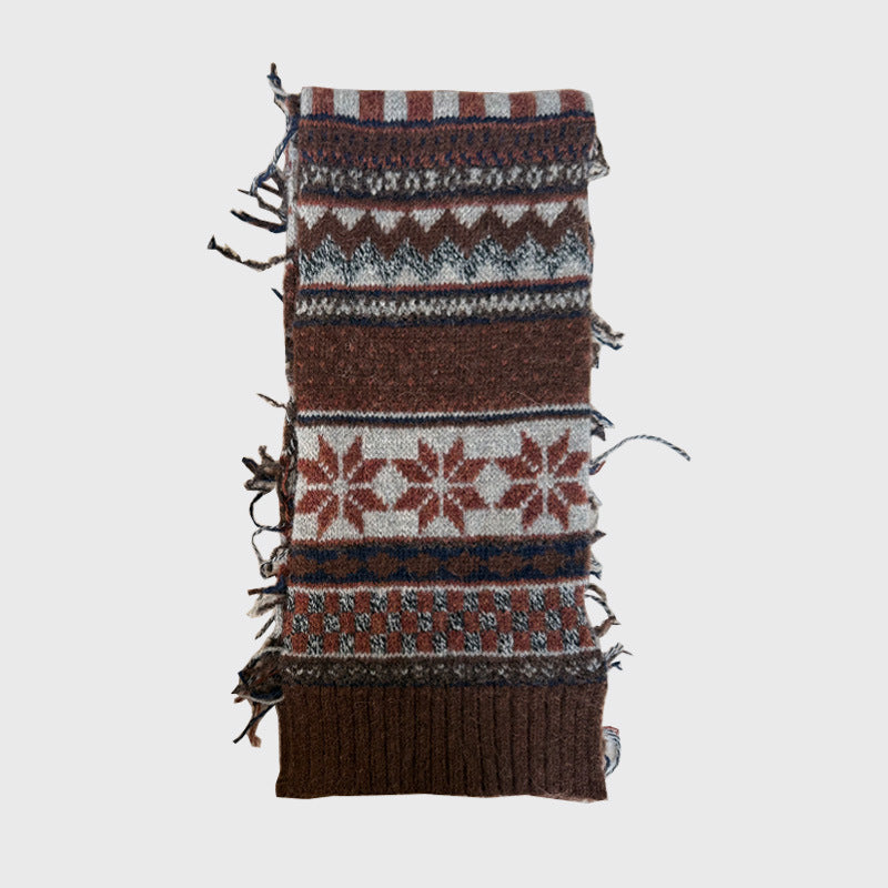 Andryka Women’s Wool Blend Knitted Scarf – Fair Isle Pattern, Brown, 75 x 7 in