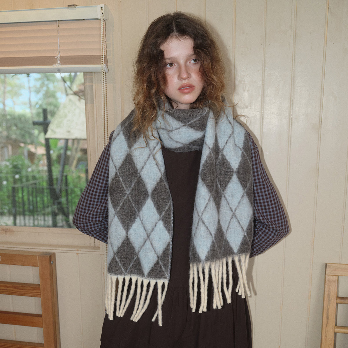 Andryka Women’s Wool Blend Woven Scarf – Argyle Pattern, 87 x 11 in